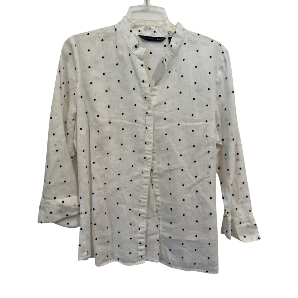 Saint Tropez West Linen Shirt White Black Embroidered Dot Coastal Boho Size L